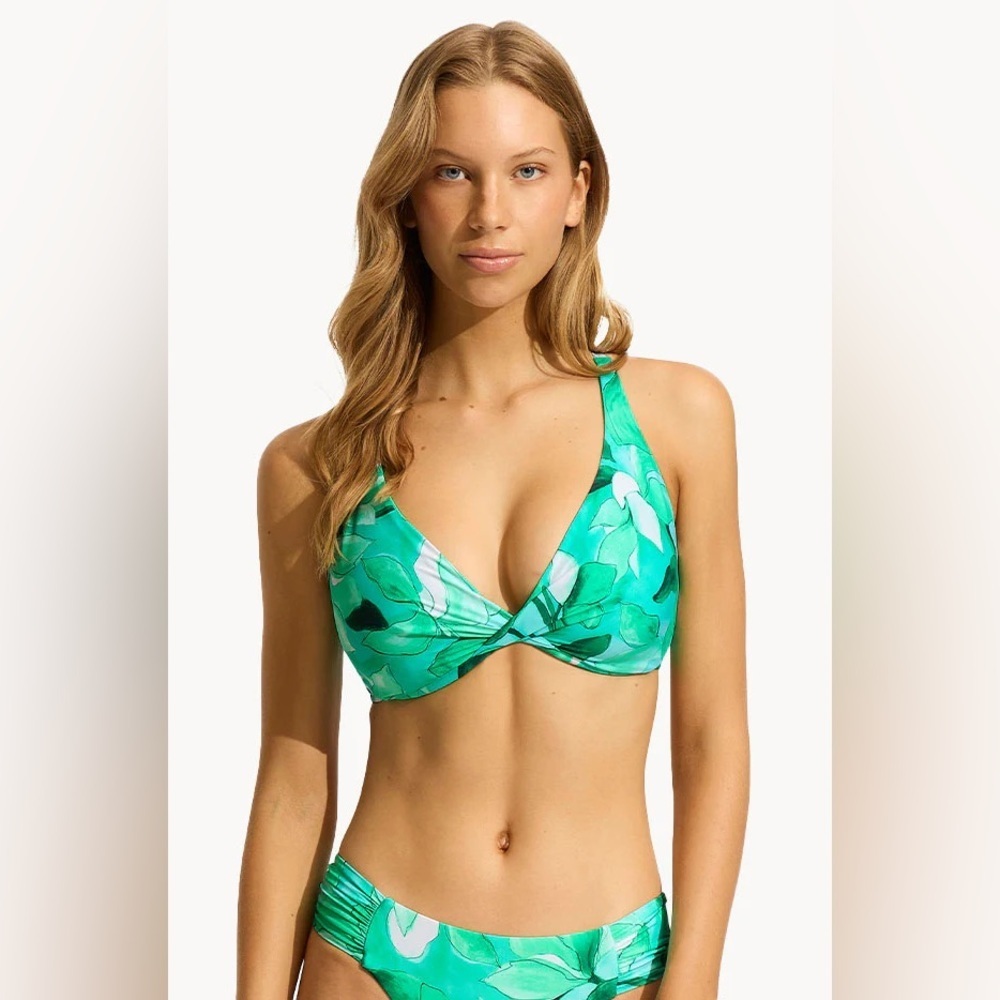 Seafolly Secret Garden F Cup Wrap Front Bikini Top Green Floral NWT